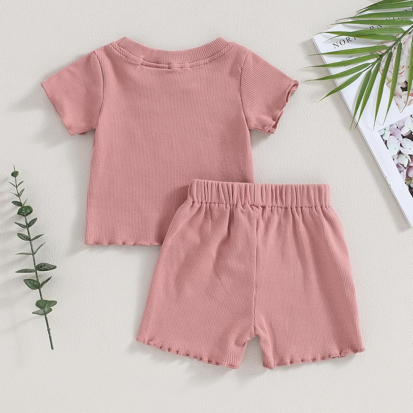 2Pcs Toddlers Baby Girls Summer Clothes Set Ruffle Ribbed Knit Short Sleeves T-Shirt Tops Shorts Comfy Outfits