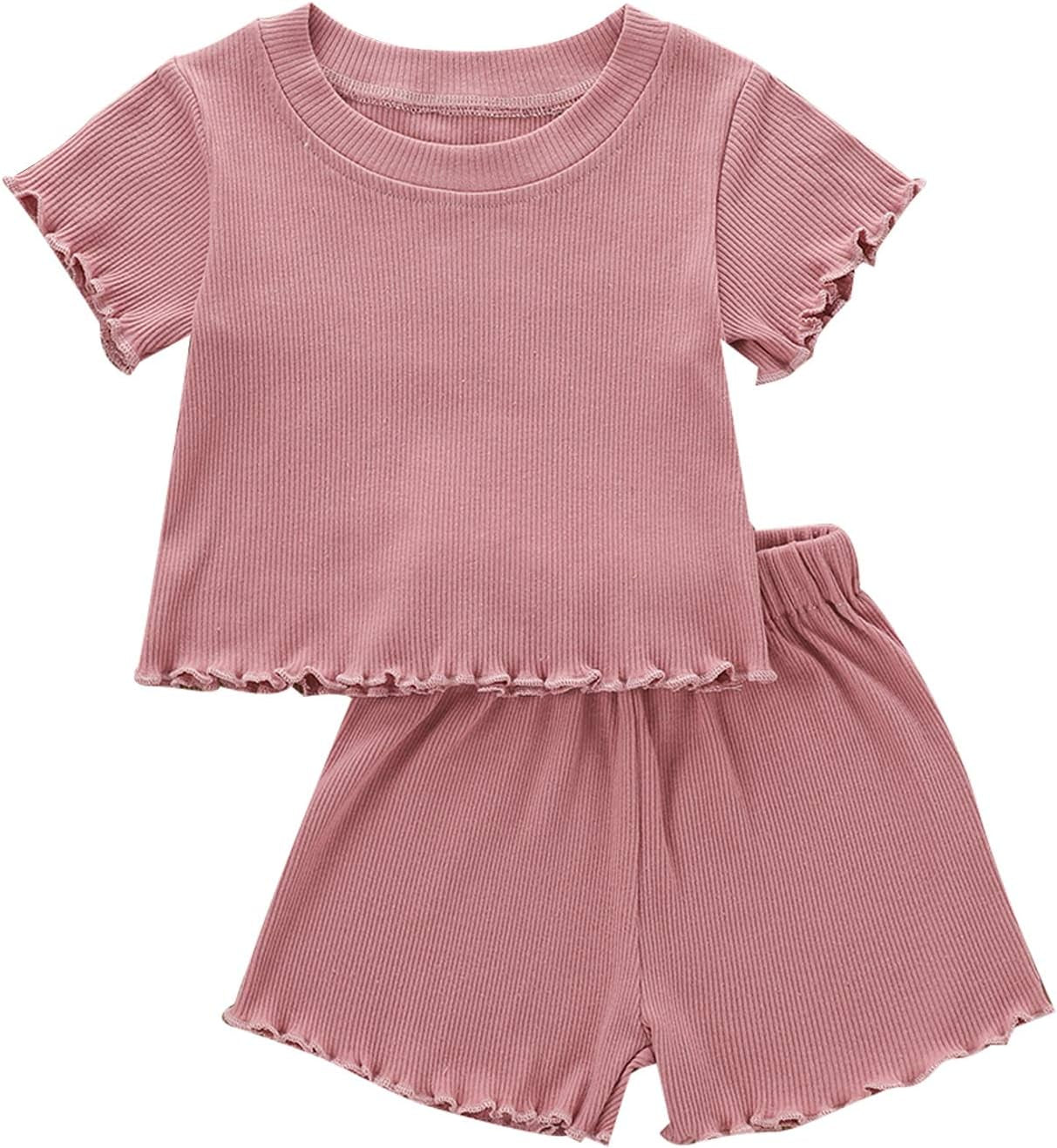 2Pcs Toddlers Baby Girls Summer Clothes Set Ruffle Ribbed Knit Short Sleeves T-Shirt Tops Shorts Comfy Outfits