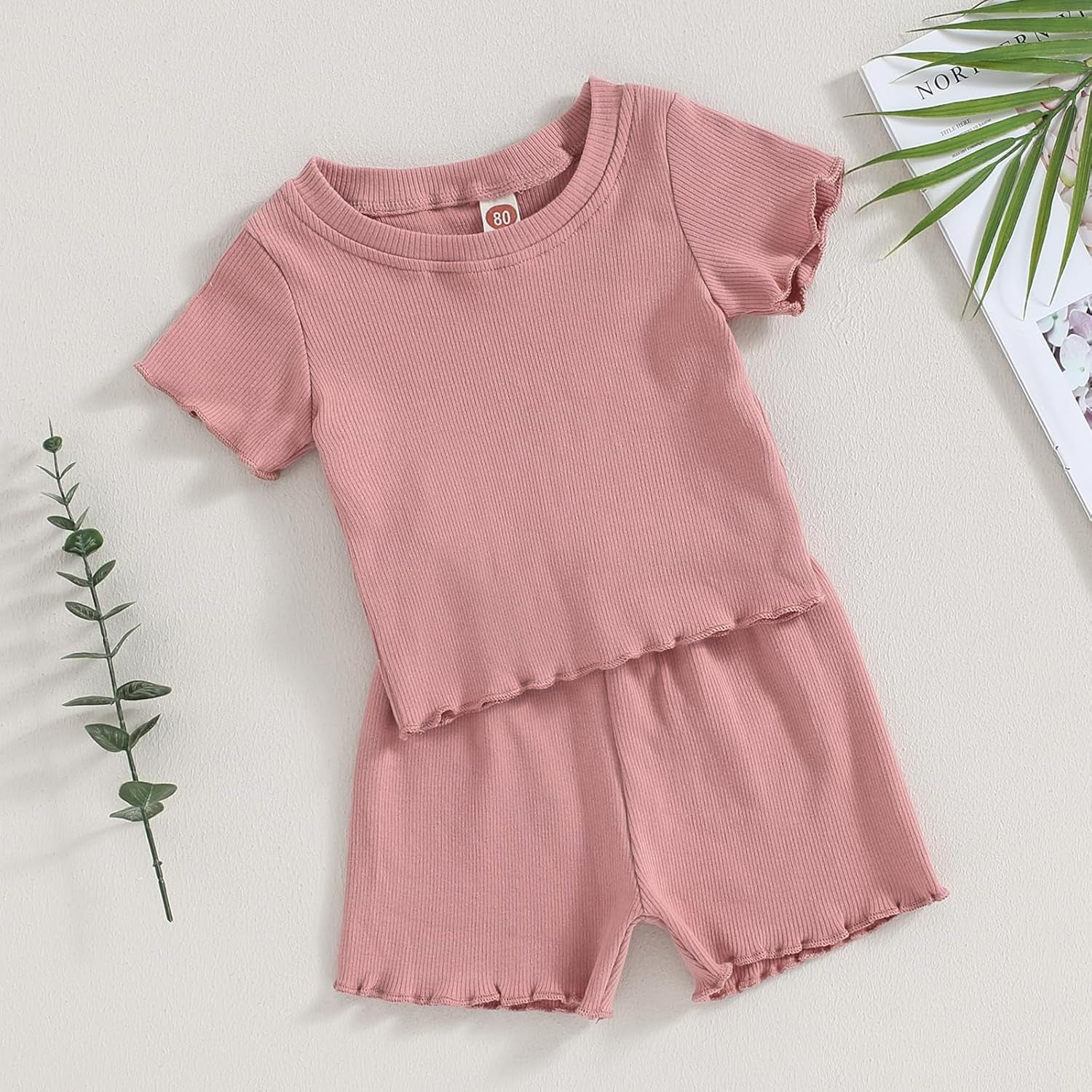 2Pcs Toddlers Baby Girls Summer Clothes Set Ruffle Ribbed Knit Short Sleeves T-Shirt Tops Shorts Comfy Outfits