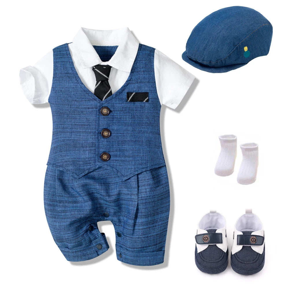 Summer Baby Romper Suit Newborn Boys Formal Clothing Cotton Children Hat + Jumpsuit + Shoes + Socks 4 Pieces Outfit Blue Costume