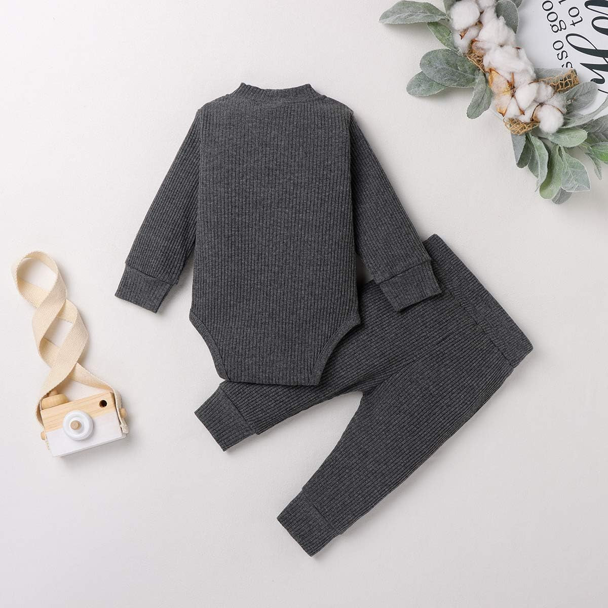 Winter Newborn Baby Boy Girl Clothes Set Ribbed Outfits Unisex Infant Solid Cotton Button Long Sleeve Tops Pants 2PCS